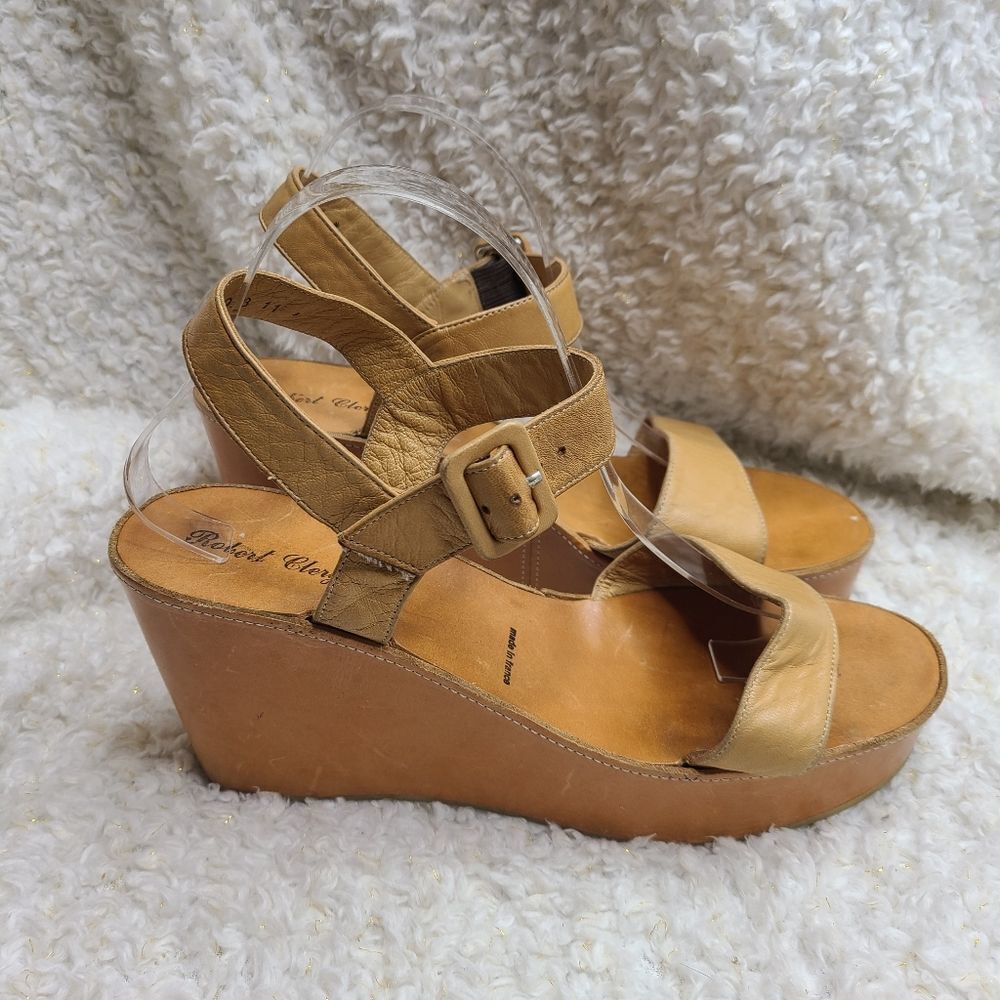 Robert Clergerie Tan Leather Platform Wedge Sandals size 10.5